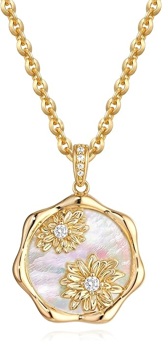MTMY Birth Flower Necklace 14K Gold Plated Mother of Pearl Disc Birth Month Flower Pendant Necklaces for Women Personalized Custom Floral Jewelry Birthday Gift