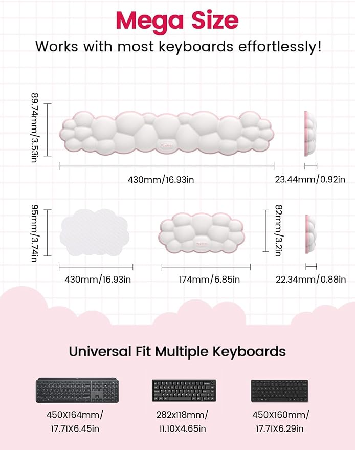 Vaydeer Cloud Keyboard Wrist Rest Set – Ergonomic Memory Foam Wrist Pad for Computer, Laptop & Gaming, Non-Slip Cute Desk Accessories for Office(Keyboard Rest + Mouse Rest + Coaster)