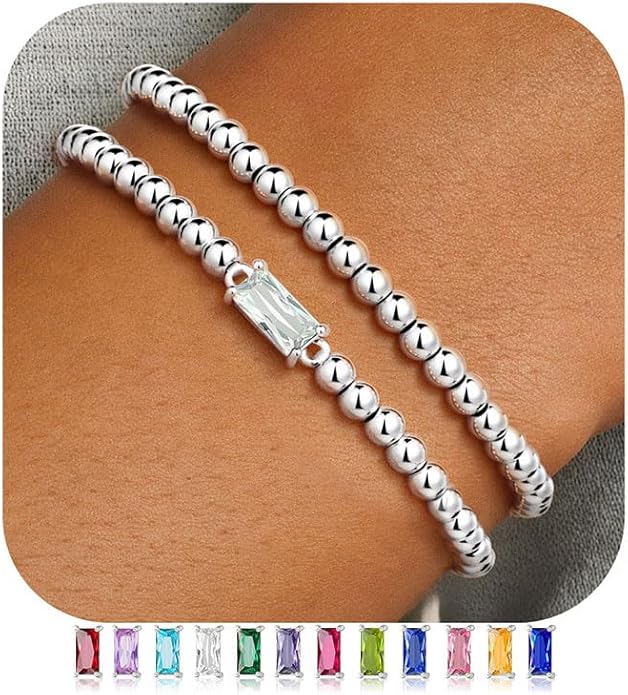 Ursteel Valentines Gifts for Her Kids Girls, Elastic Birthstone Bracelet for Women 14K-Gold-Plated Beaded Bracelet Non Tarnish Trendy Birthstone Jewelry Birthday Gifts for Women