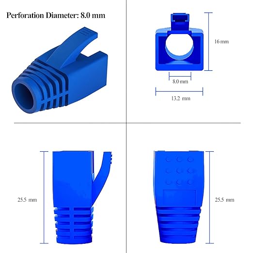 50-Pack RJ45 Boot Cover, Cat6A Cat7 Ethernet Network Cable Strain Relief Boot for 6.5-8.0mm Ethernet Cable (Hole Diameter: 8.0mm, Blue)