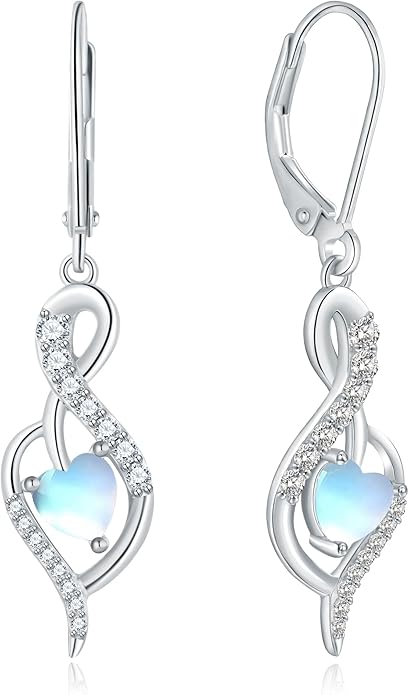 Infinity Heart Dangle Drop Earrings for Women, 925 Sterling Silver Birthstone Leverback Earrings, Birthday Anniversary Valentines Day Jewelry Gifts for Women Mom Her