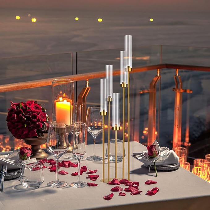 Tall 5 Arm Candle Holder for Wedding Table,39.4'' Tall Candelabra with Acrylic Lampshade for Birthday Party Home Decoration Halloween Christmas Day Fit LED Taper Candles