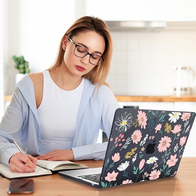 Teryeefi for MacBook Air M4 M3 M2 13 inch Case fits Model A3240 A3113 A2681, Hard Shell for MacBook Air 13.6" 2022-2025 Released with Keyboard Cover+Screen Protector+Type C Adapter, Petal and Flowers