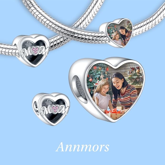 Annmors Personalized Photo Charm for Bracelet Necklaces,925 Sterling Silver Charm Love Heart Shaped Engraved Customize Picture Gift for Birthday Mother's Day Christmas,Bead Charms Jewelry for Women