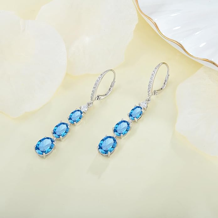 Women 925 Sterling Silver Birthstone 3-stone Leverback Drop Dangle Earrings 5A Cubic Zirconia Jewelry for Her