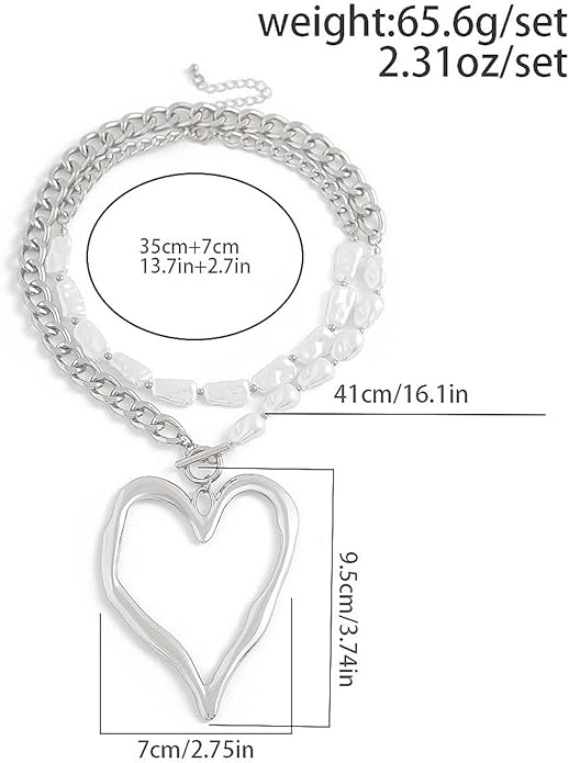 Y2k Large Heart Necklaces for Women Chunky Big Heart Pendant Necklace Exaggerated Layered Love Pearl Choker Necklace Set Dainty Statement Jewelry Gift