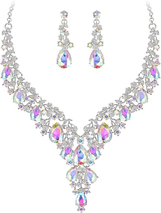 Bridal Bridesmaid Austrian Crystal Jewelry Set, Floarl rhinestone Statement Neckace Teardrop Necklace Drop Dangle Earrings Set