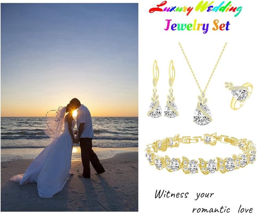 LMXXVJ Jewelry Set for Women,Teardrop Cubic Zirconia Necklace Earrings Adjustable Ring Bracelet Jewelry Set Formal Jewelry Gift
