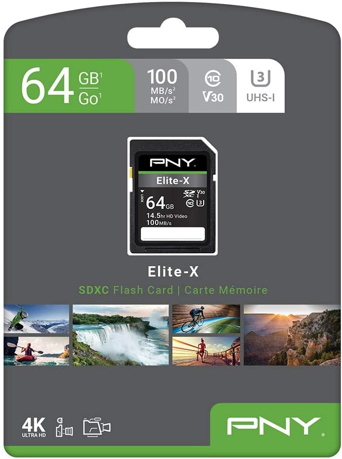 PNY 64GB Elite-X Class 10 U3 V30 SDXC Flash Memory Card - 100MB/s, Class 10, U3, V30, 4K UHD, Full HD, UHS-I, Full Size SD (Pack of 4)
