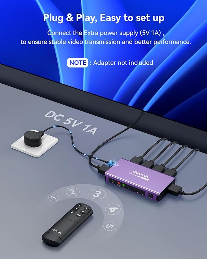 HDMI Switch 5 in 1 Out 4K@60Hz, GANA HDMI Splitter Switcher with Remote, Aluminum HDMI 2.0 Switch Box Hub for 3D, HDCP2.2, HDR, Compatible with Xbox, PS5/4/3,Fire Stick,Roku,Blu-Ray Player, Purple