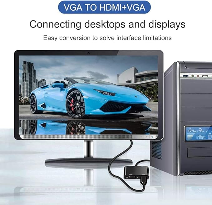 VGA to HDMI VGA Audio Video Cable Adapter Converter Splitter with 3.5mm Audio USB Power for 2 Monitors, Computer, Desktop, Laptop, PC, Projector, HDTV 1080P, Plug and Play