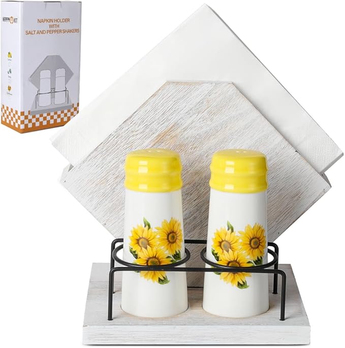 Rustic Farmhouse Napkin Holder Set - Natural Wood Kitchen Organizer with Sunflower 2 Salt & Pepper Shakers for Countryside Dining & Minimalist Home Decor (Gift Ready)
