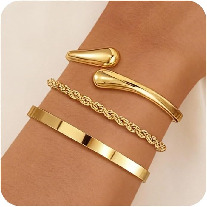 Gold Bangle Bracelets for Women, Non Tarnish Dainty 14K Gold Plated Cuff Bracelets Stackable for Women,Waterproof Bracelet Stack Gold Jewelry Gifts Trendy Adjustable Accessories