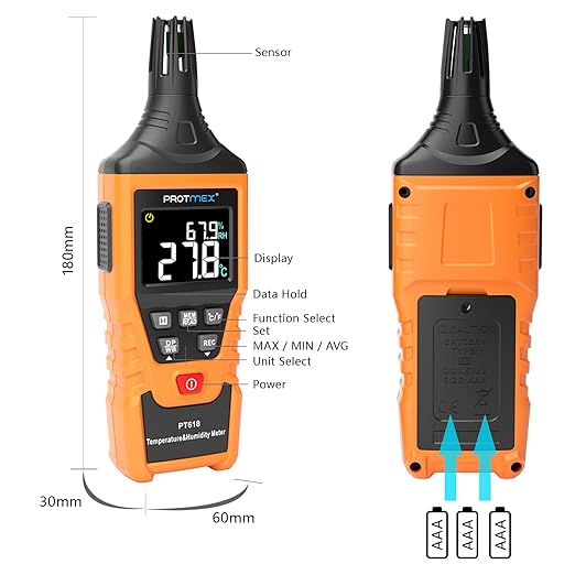 Protmex PT618 Temperature Humidity Meter, Thermometer Hygrometer Monitor with Ambient, Dew Point, Wet Bulb for Indoor/Outdoor MIN, MAX, Data Hold, LCD Backlight