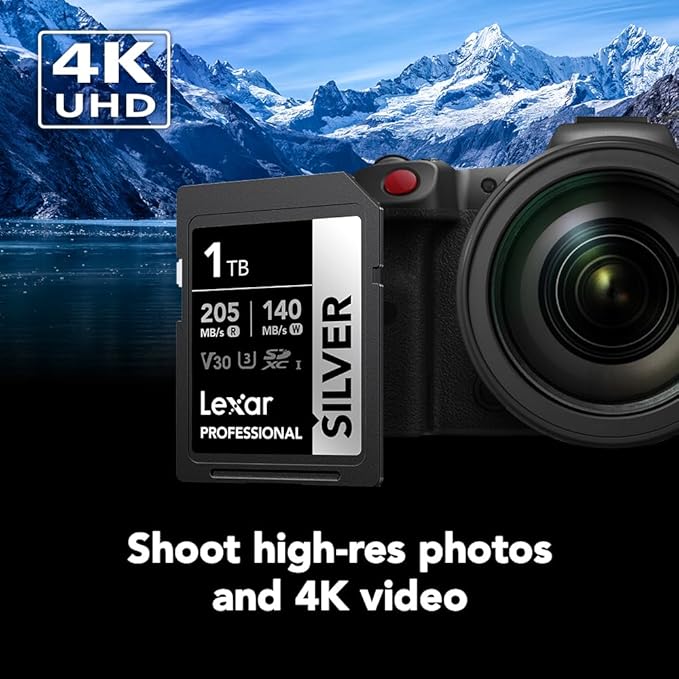 Lexar 1TB Professional Silver SD Card, UHS-I, C10, U3, V30, 4K, Up to 205/140 MB/s SDXC Memory Card, for Professional Photographer, Videographer, Enthusiast (LSDSILV001T-BNNNU)
