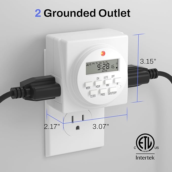 BN-LINK 7 Day Heavy Duty Digital Programmable Timer, 120V, 60Hz, Dual Outlet, Indoor, for Lamp Light Fan Security ETL Listed