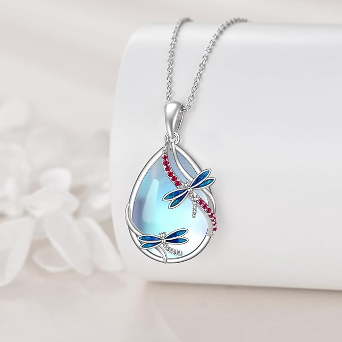 KQF Dragonfly/Butterlfy/Cat/Jellyfish/Bunny/Axolotl/Bee/Mermaid/Hummingbird/Elephant Necklace for Women Sterling Silver Moonstone Pendant Necklace Dragonfly Jewelry Gifts for Women