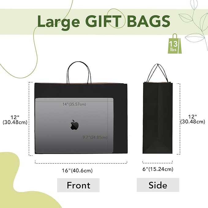 MESHA Large Gift Bags 16x6x12 Inch 50pcs, Black Paper Bags With Handles Bulk,Kraft Shopping Bags Reusable for Small Business,Merchandise,Retail,Grocery,Birthday,Kids Party,Favors