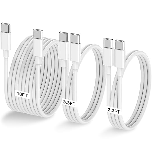 3-Pack [3.3FT+3.3FT+10FT] 60W USB C to USB C Cable, Type C to Type C Cable,Fast Charging Cable for iPhone 16 15 Pro Plus Pro Max，for Galaxy S24 S23, for iPad Pro/Air, for MacBook Pro/Air and More