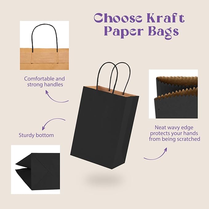 MESHA Black Gift Bags 5.25x3.75x8 Inch 50 Pack Small Black Paper Bags with Handles Bulk for Small Business Birthday Wedding Party Favor