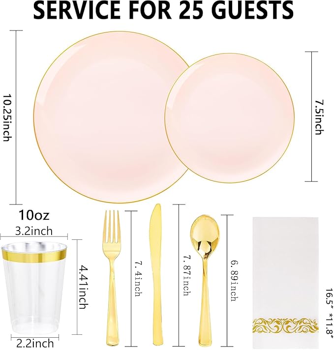 YOUBET 175PCS Pink Plastic Plates - Pink and Gold Disposable Plates Include 50 Plastic Plate, 75 Silverware, 25 Cups, 25 Napkins for Wedding & Party & Birthday