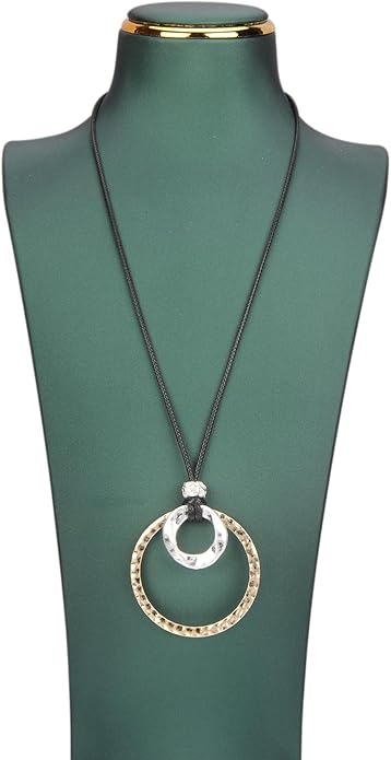 Boho Leather Necklace Women Bohemian Brown Circle Pendant Necklace Choker Long Necklaces for Women Boho Ring Large Pendant