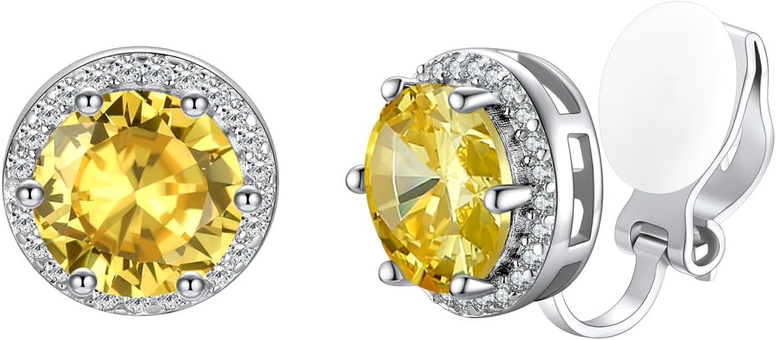 Silvora 925 Silver 8MM Cubic Zirconia Birthstone Clip On Stud Earrings Round Non Pierced Earrings For Women,Come with Box