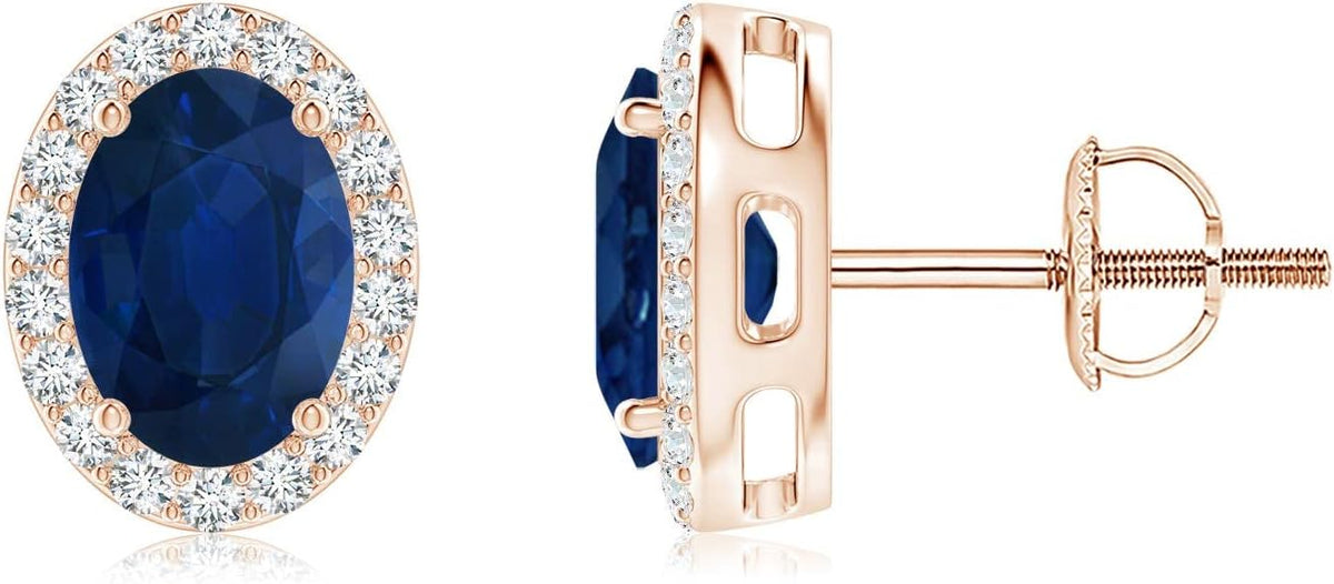 ANGARA Natural Blue Sapphire Earrings for Women | Prong-Set Oval Blue Sapphire Stud Earrings with Diamond Halo in 14K Solid Gold/Platinum | September Birthday, Anniversary, Gemstone Jewellery Gift