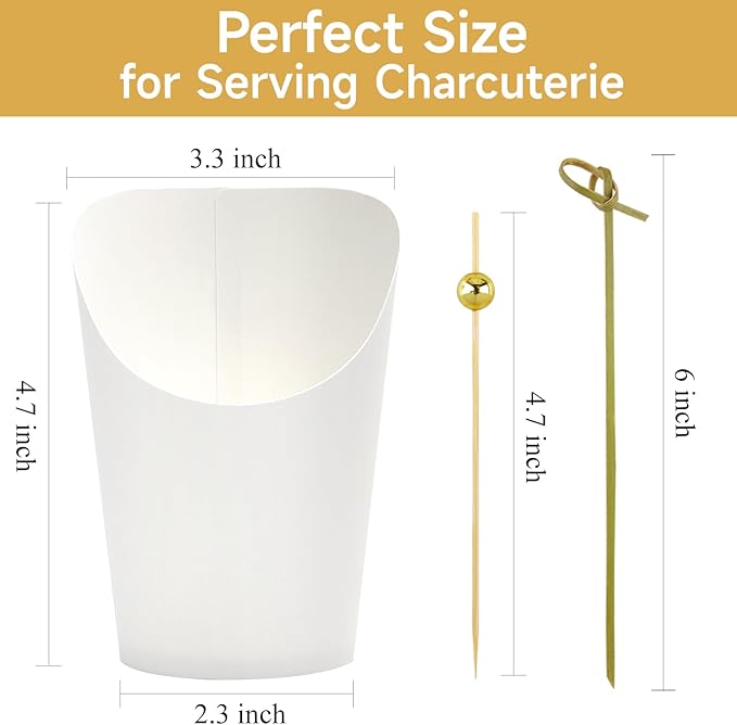 50 Sets 14 oz Charcuterie Cups with Sticks and Bags, Individual White Paper Charcuterie Boxes Disposable Individual Appetizer Serving Cups (50 Cups + 200 Cocktail Picks + 50 Bags + 50 Ties)