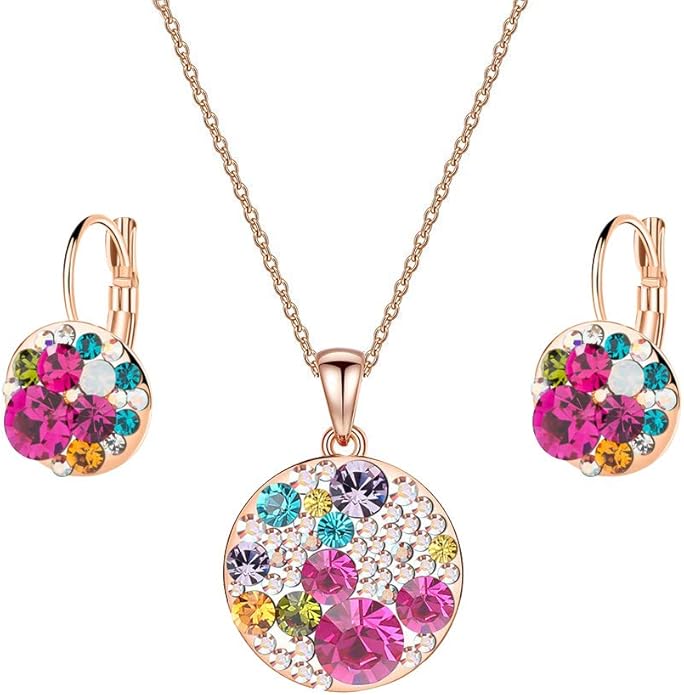 EVEVIC Austrian Crystals Round Disc Pendant Necklace Earrings for Women 14K Gold Plated Hypoallergenic Jewelry Sets