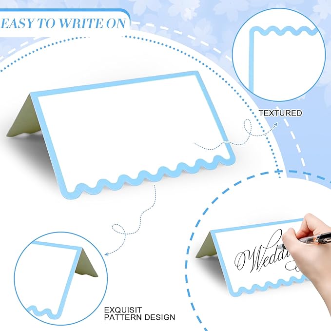 150 PCS Dusty Blue Scalloped Place Cards 2 x 3.5 Inch Blank Tented Place Card Name Cardstock Seat Assignment Label Card Reserved Table Signs Seating Signs for Birthday Wedding Party