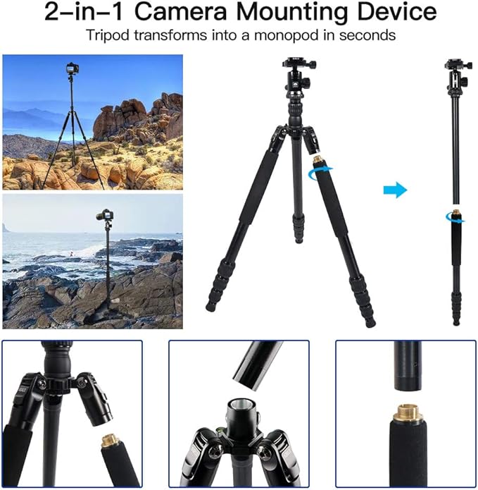 SIRUI Traveler 7A 65.55'' Aluminum Camera Tripod, E-10 Panorama Ball Head and Arca Swiss Quick Release Plate,Load Up to 17.6 lbs,Convertible to Monopod
