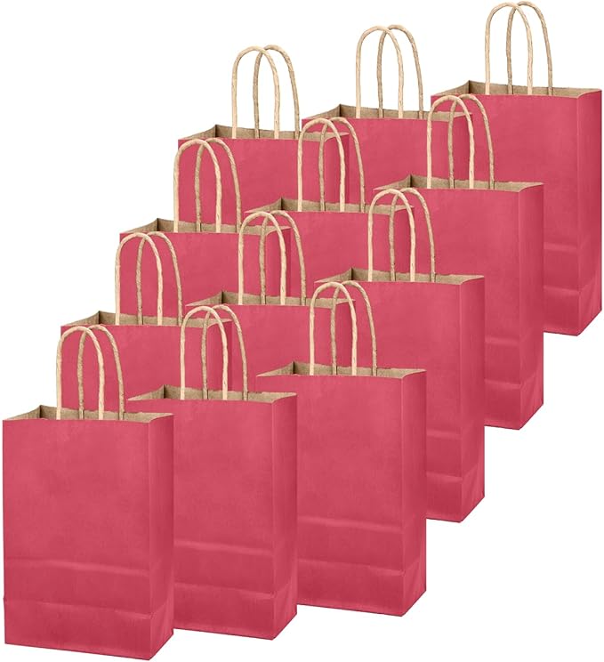qiqee Bright Pink Gift Bag with Handles Bulk 24Pcs Paper Bags -10.6"x8.3"x4.3"Party Favor Bags - Solid Color