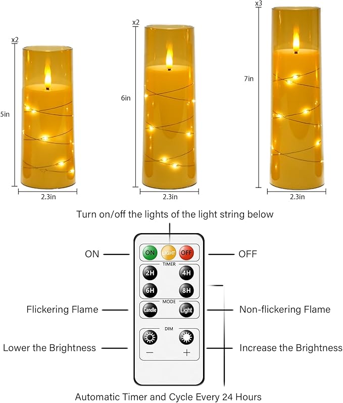 Flameless Candles with Embedded Star String, Battery Operated LED Pillar Candles with Timer and Remote Control,Home Decorating for Ambiance， Set of 7 (Gold)