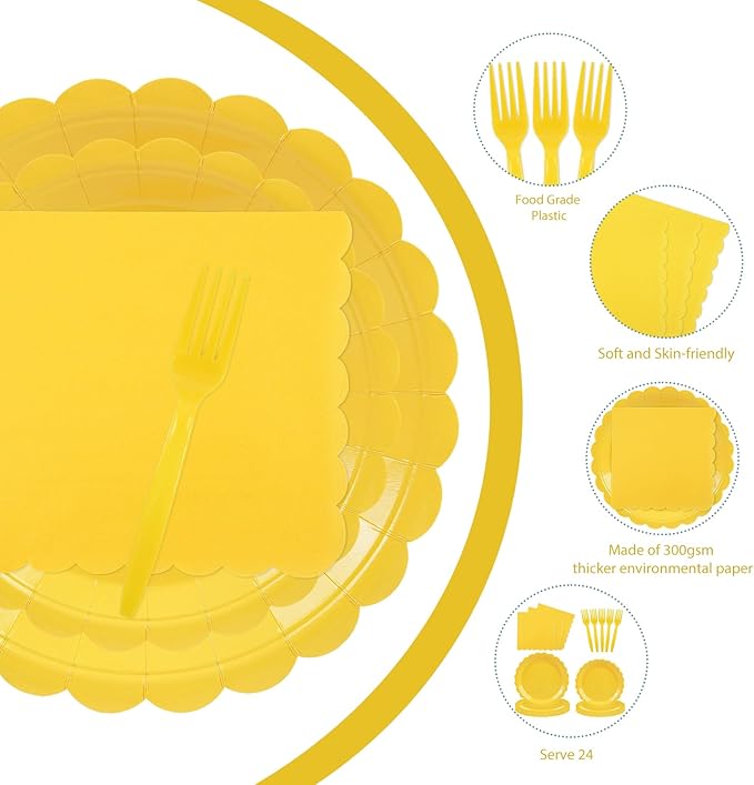 96PCS Yellow Paper Plates and Napkins, 24 Guest Light Yellow Disposable Tableware Set Include Scalloped Paper Plates Napkins and Forks Decoration Party Supplies for Birthday Wedding Baby Shower
