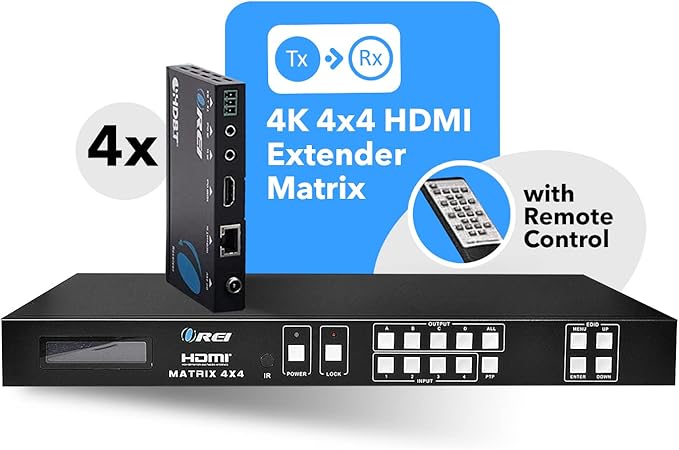 OREI Professional 4K 4x4 HDMI Extender Matrix - HDBaseT UltraHD 4K @ 60Hz 4:2:0 Over Single CAT5e/6/7 Cable with HDR Switcher & IR Control, RS-232 - Up to 230 Ft - Loop Out - 4 Receivers Included