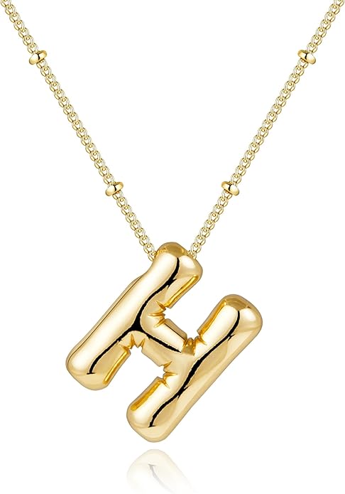 Inerney Valentines Day Gifts Gold Bubble Letter Necklace Initial Necklaces for Women, Chunky 14K Plated Balloon Initials, Trendy Charm Non Tarnish Custom Name Pendant Jewelry Gifts for Mom