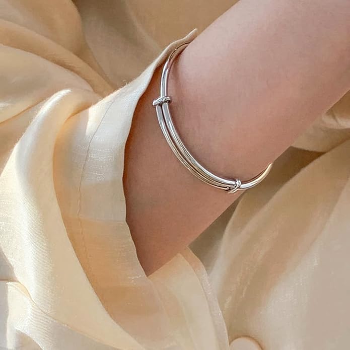 Solid 925 Sterling Silver Bracelets for Women Simple Adjustable Bangle Bracelet