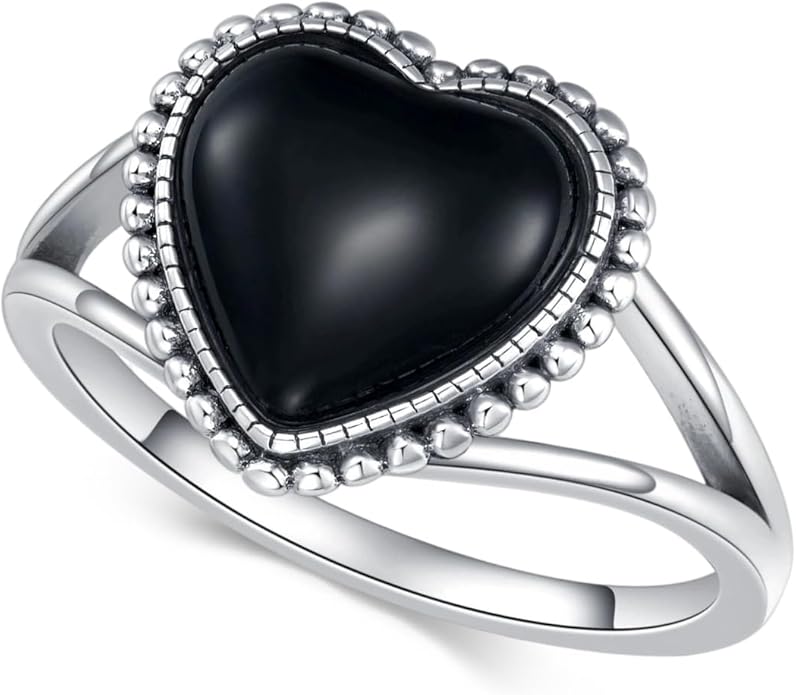 925 Sterling Silver Oxidized Black Onyx Rings for Women - Round & Heart 9mm Onyx Vintage Retro Design, Ideal for Daily Wear