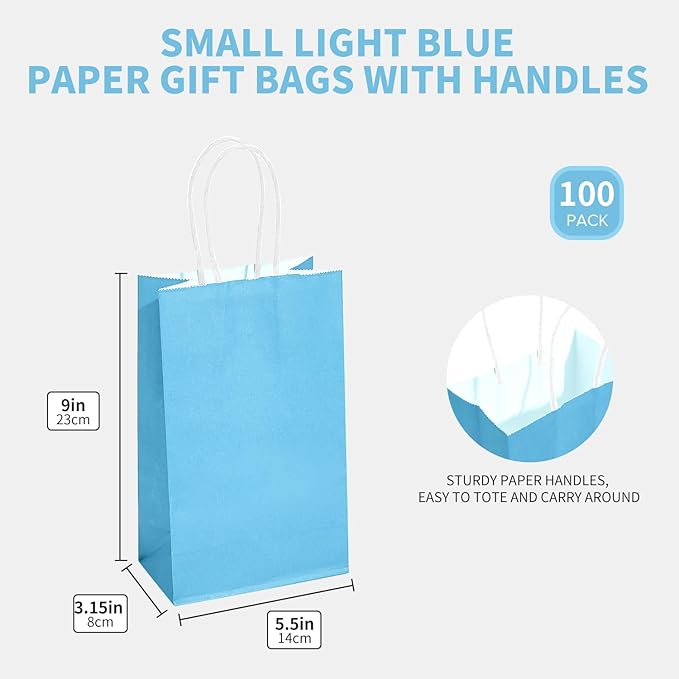 DjinnGlory 100 Pack Small Sized Blue Paper Bags with Handles Bulk for Merchandises, Christmas Gifts, Baby Blue Party Goodie Bags for Birthdays, Baby Showers, Weddings, 9x5.5x3.15 Inch