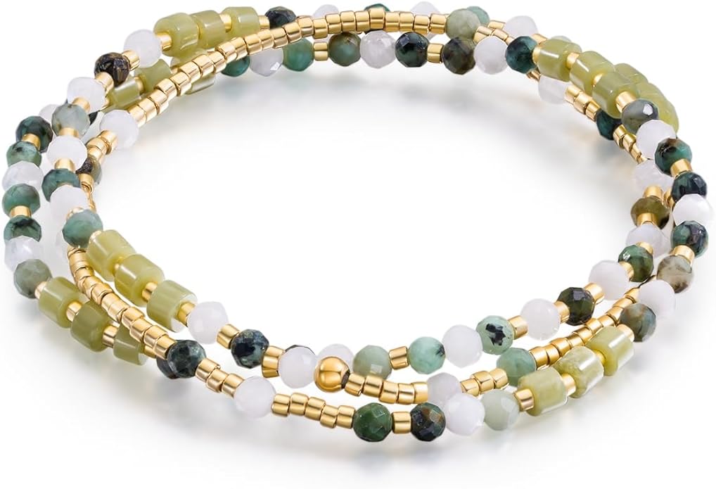 Beaded Bracelets Stack for Women Small Beaded Stretch Stone Bracelets Stackable Gemstone Crystal Dainty Boho 14K Gold Plated Beads Anklets Necklace Summer Jewelry for Women