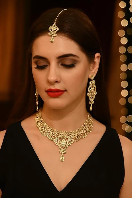 Touchstone Indian jewelry set for women bollywood gold jewellery wedding outfits necklace sets earrings bridal maang tikka fancy costume girls big desi accessories rhinestone in gold or silver tone