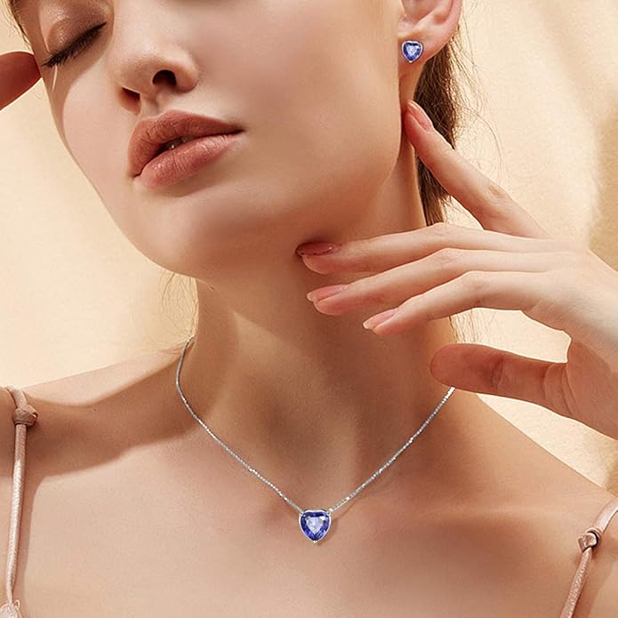 Aurora Tears Hearts Necklace Earrings Jewelry Sets - Women 925 Sterling Silver Birthstone Pendants Earrings Set Crystal Wedding Birthday Jewelry