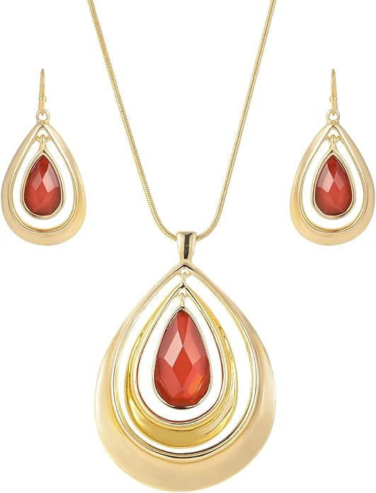 Madison Tyler Gold Plated Jewelry Set for Women | Silver Teardrop Pendant Necklace Trendy | Long Necklace with Snake Chain | Fashion Dangle Earring Set