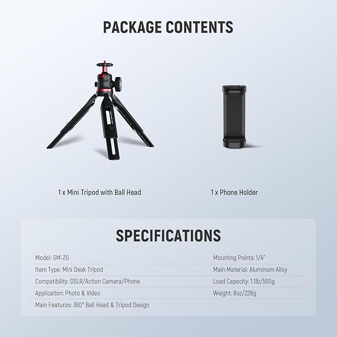 NEEWER Entry Level Version Mini Tripod for Camera, 360° Small Desk Portable DSLR Webcam Cell Phone Mount Holder Stand Selfie Stick Grip Compatible with iPhone Samsung Android Video Recording, GM-2G