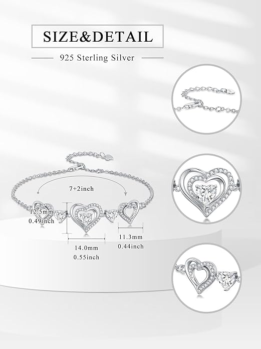 Birthstone Charm Link Bracelet 925 Sterling Silver Rose/Heart/Mom Bracelet with 12 Months Birthstone Mother's Day Gift Jewelry Gifts for Women,Chain Length 7"+2" Extend