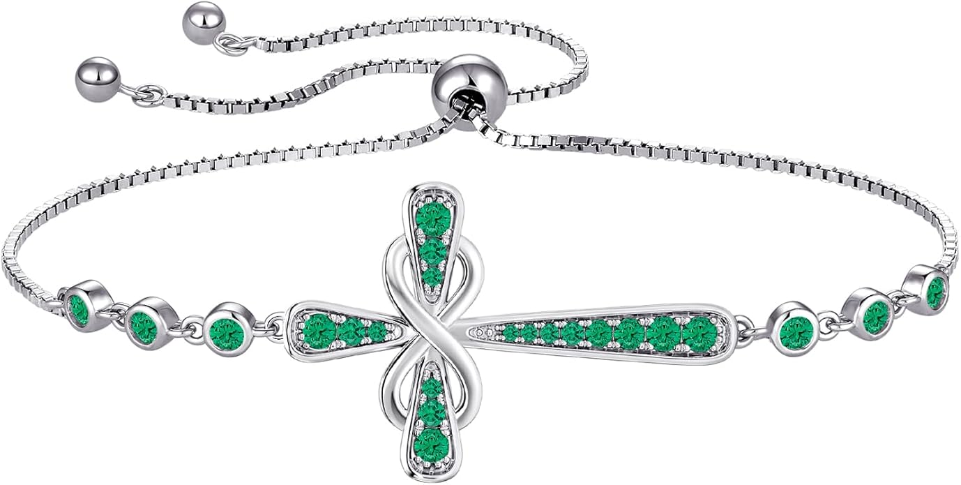 YL Cross Bracelet 925 Sterling Silver Infinity Sideways Link Bracelet Birthstone Jewelry for Women