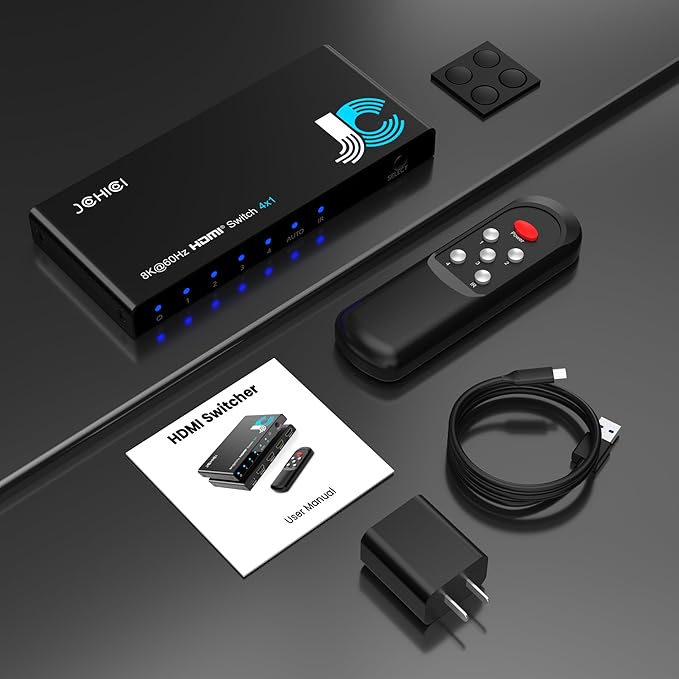 HDMI 2.1 Switch 4 in 1 Out 8K@60Hz 4K@120Hz, 4 Ports HDMI Switcher Selector with Remote, Support HDCP 2.3 HD R 10+ Dolby Vision/Atmos 48Gbps CEC for Apple TV Game PC PS Pro Xbox Roku