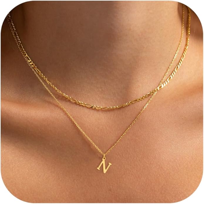 Initial Necklaces for Women Dainty Gold Silver Layered Letter Pendant Necklace Cute Figaro Chain Choker Necklace Personalized Trendy Stuff Jewelry Stack Gift for Women Her