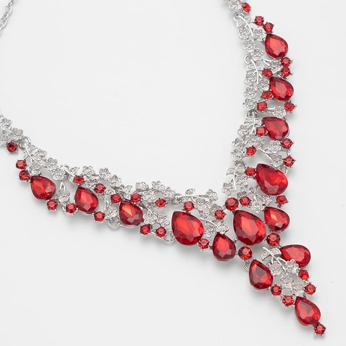 Bridal Bridesmaid Austrian Crystal Jewelry Set, Floarl rhinestone Statement Neckace Teardrop Necklace Drop Dangle Earrings Set